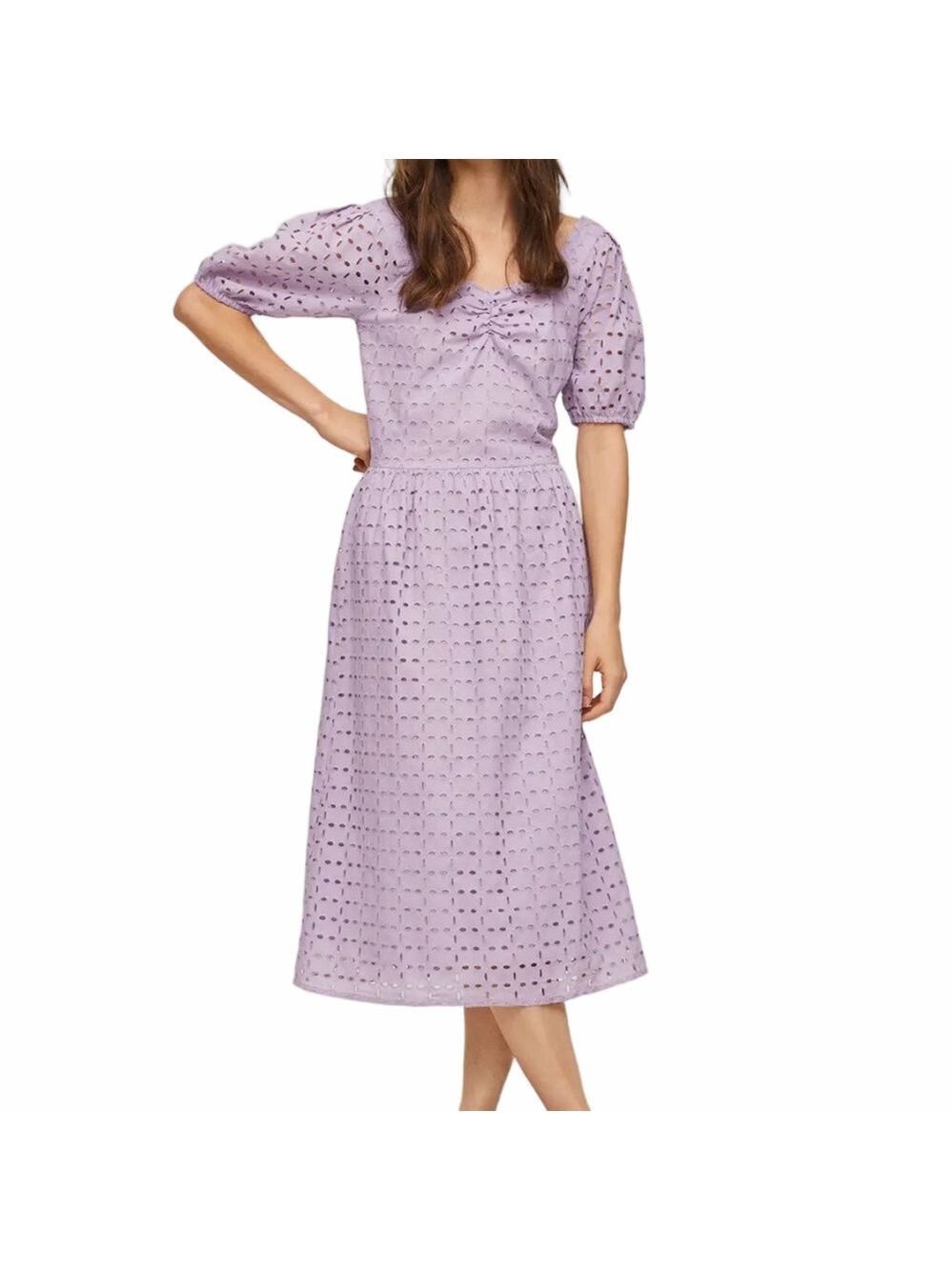 Mango Lilac Eyelet Midi Dress with Puff Sleeves sz small